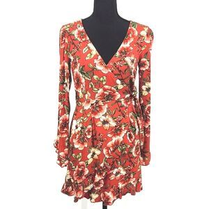 Forever 21 Contemporary Red Floral V-Neck Long Sleeve Mini Wrap Dress Size Small